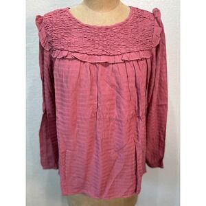 L Love Women Smocked Ruffle Long Sleeve Blouse Keyhole Back Mauve Medium NWT‎